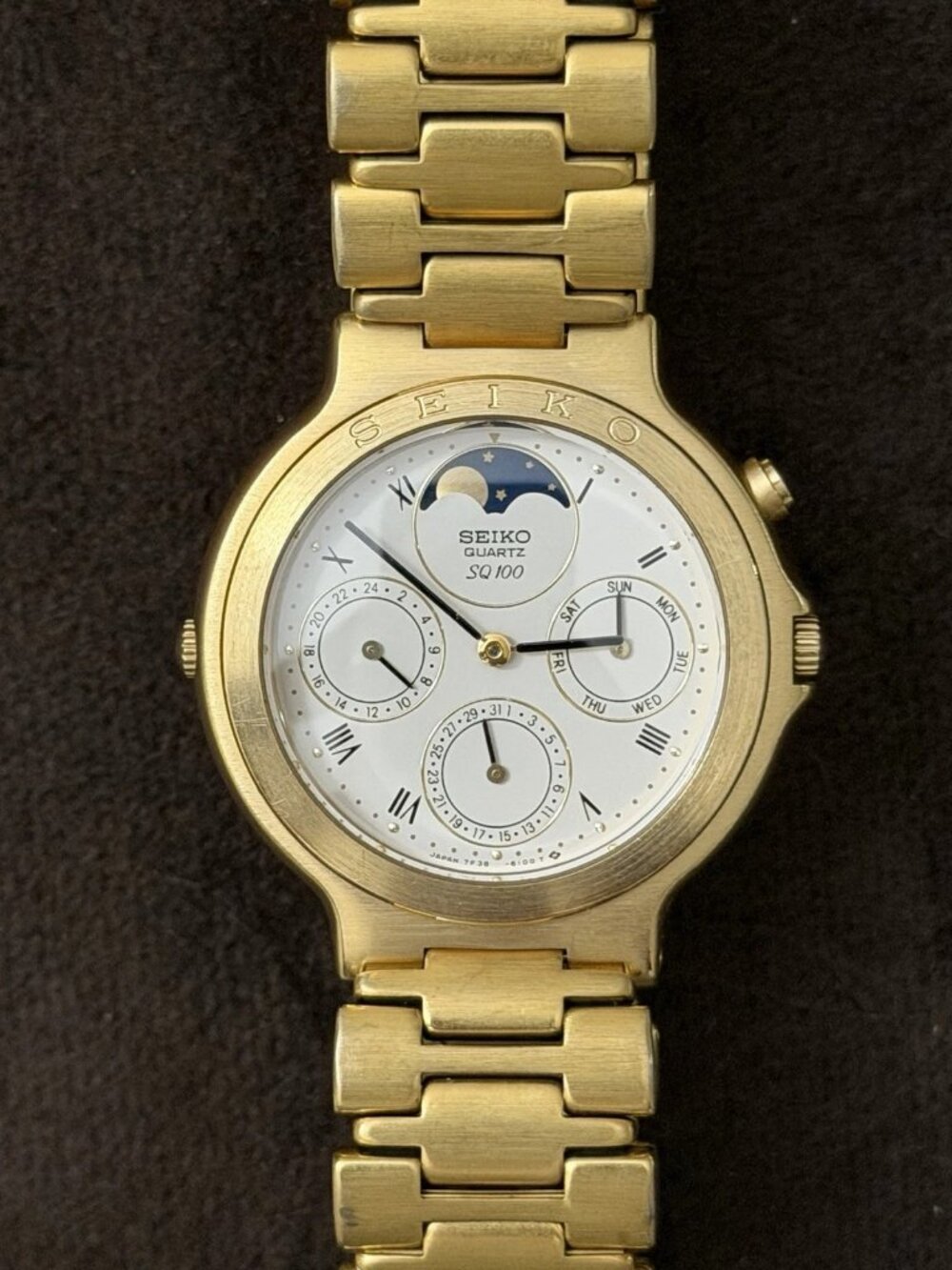 Seiko SQ 100 Moon Phase Quartz Gold Watch